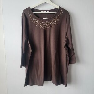 Quacker Factory womens  top sz 2X rhinestud embellishments 3/4 length sleeves